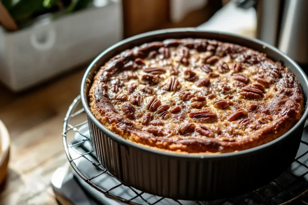 Baked pecan pie cheesecake cooling