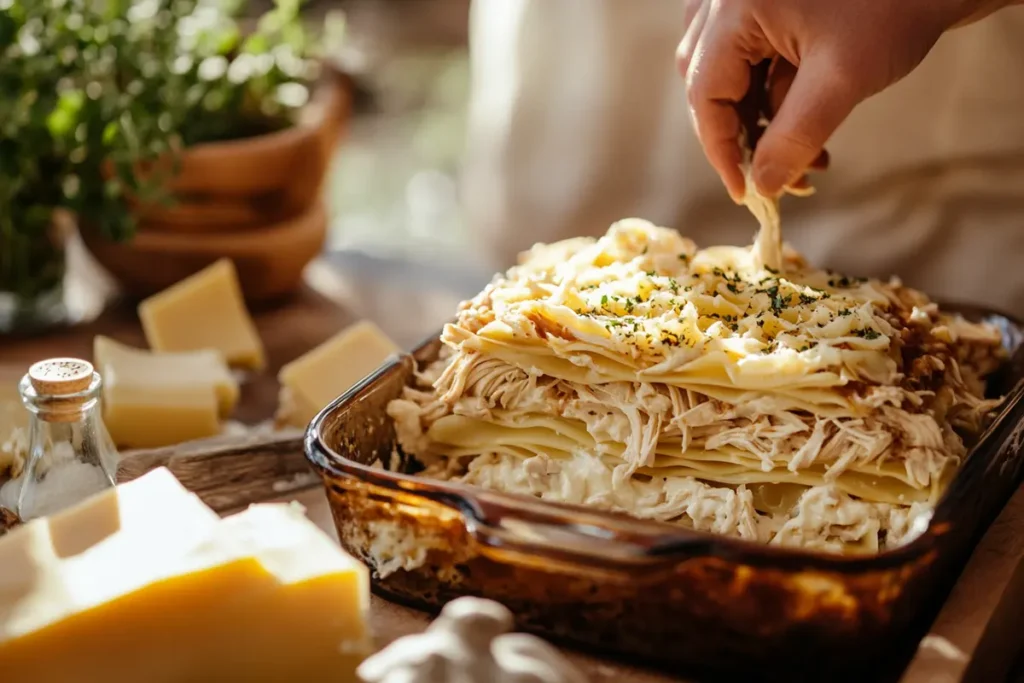 chicken alfredo lasagna layering process