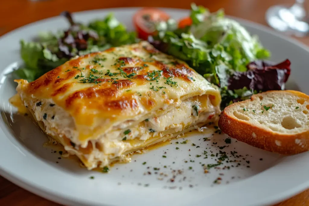 Serving chicken lasagna portion