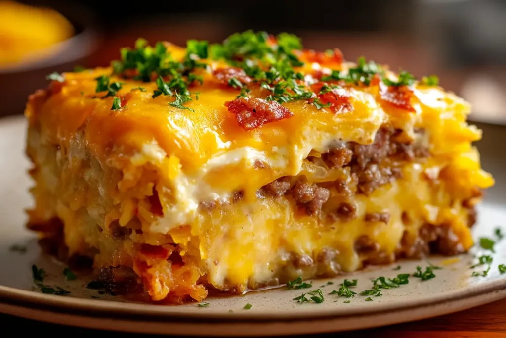 Slice of breakfast casserole hash browns