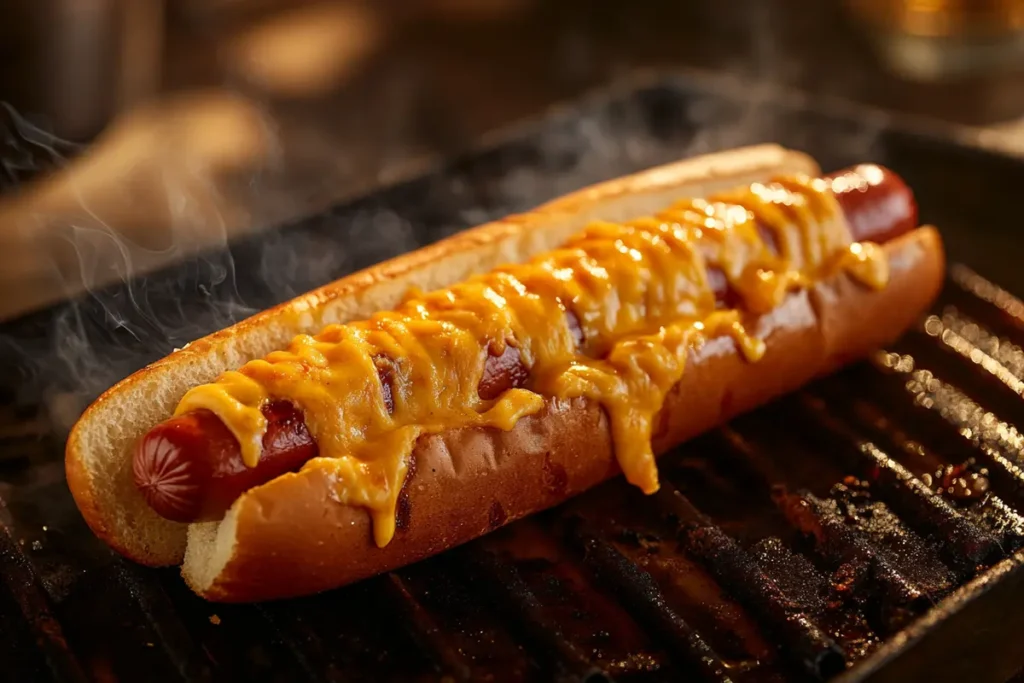 Cheddar-stuffed hot dog on grill