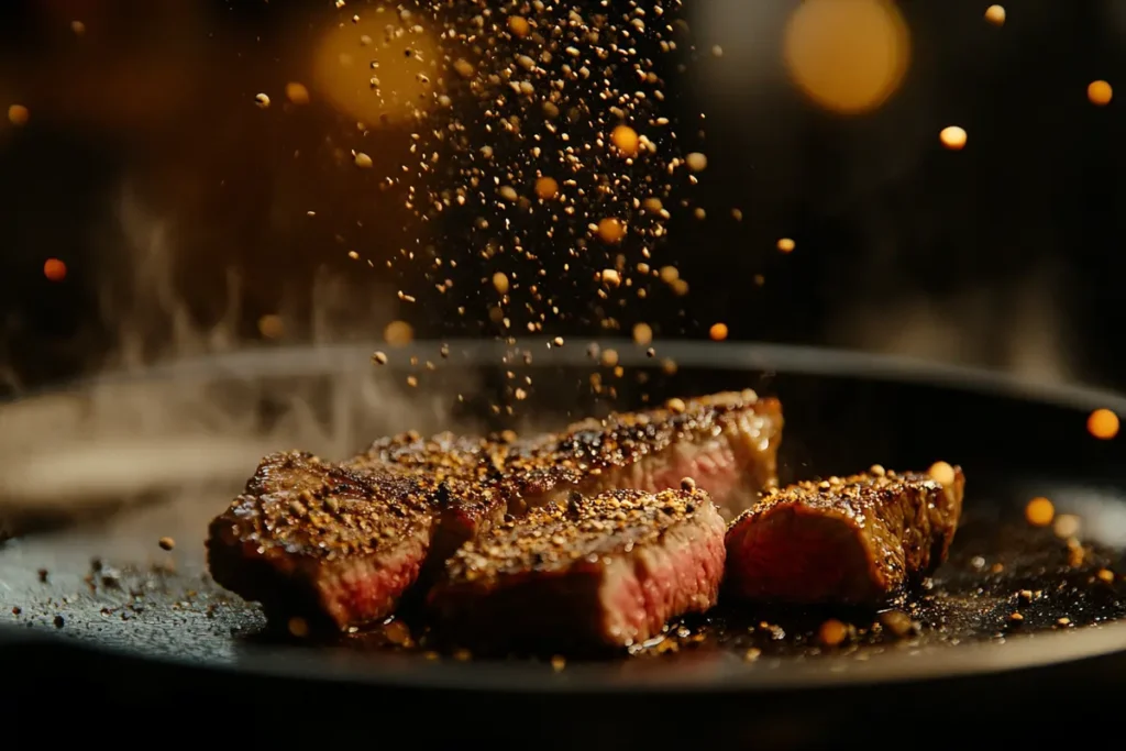 Pepper on sizzling steak