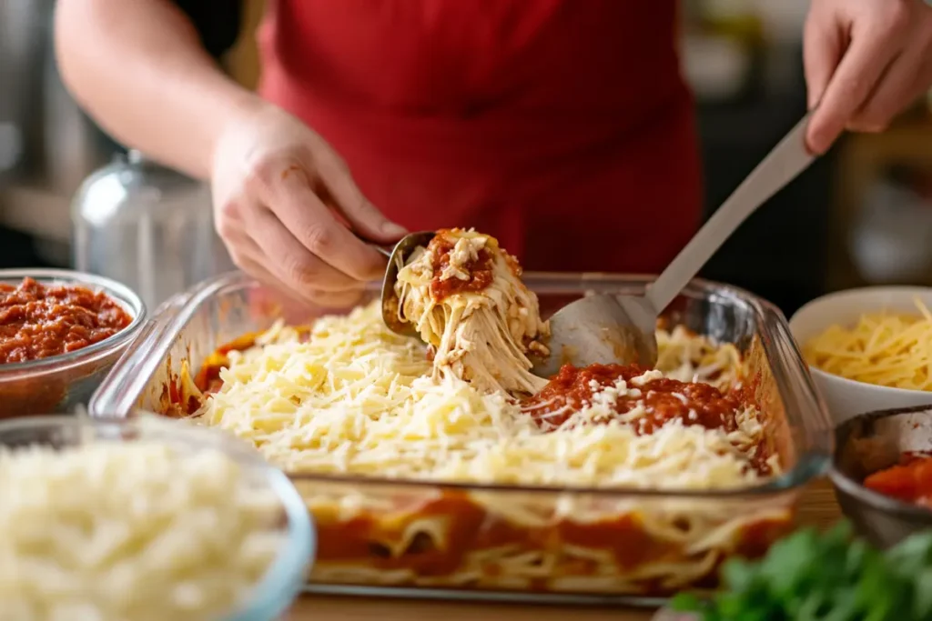 Layering chicken lasagna filling