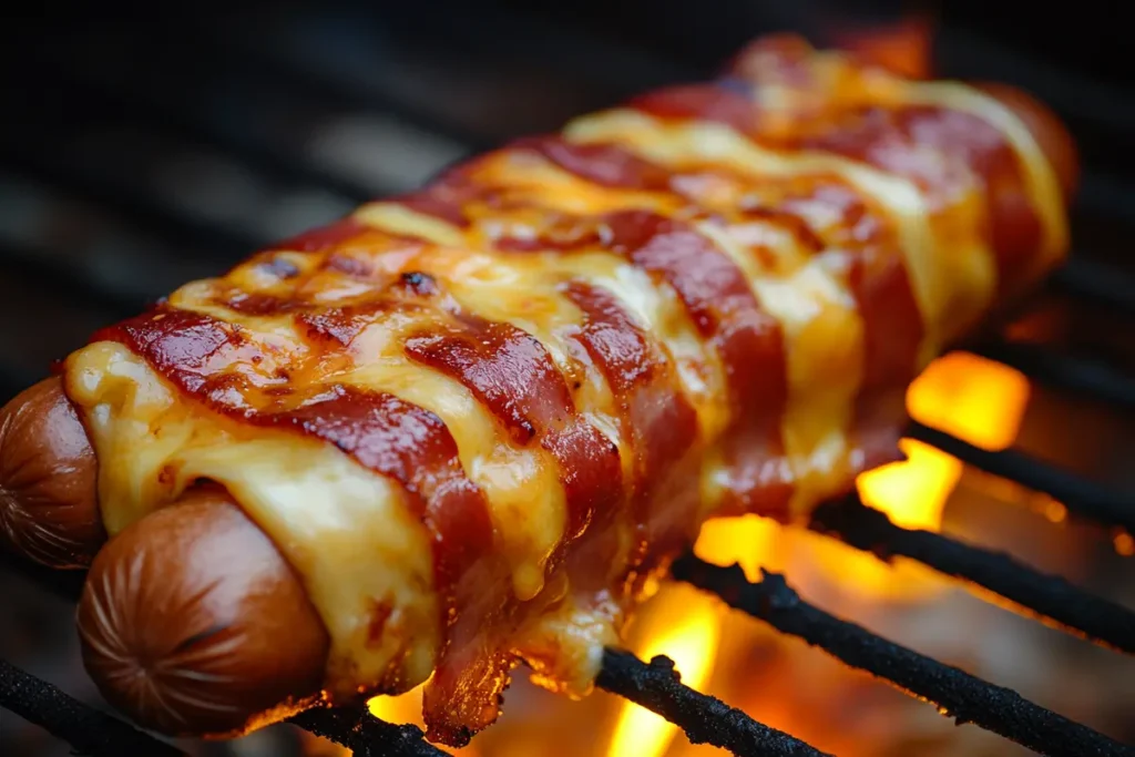 Different topping ideas for bacon-wrapped hot dogs