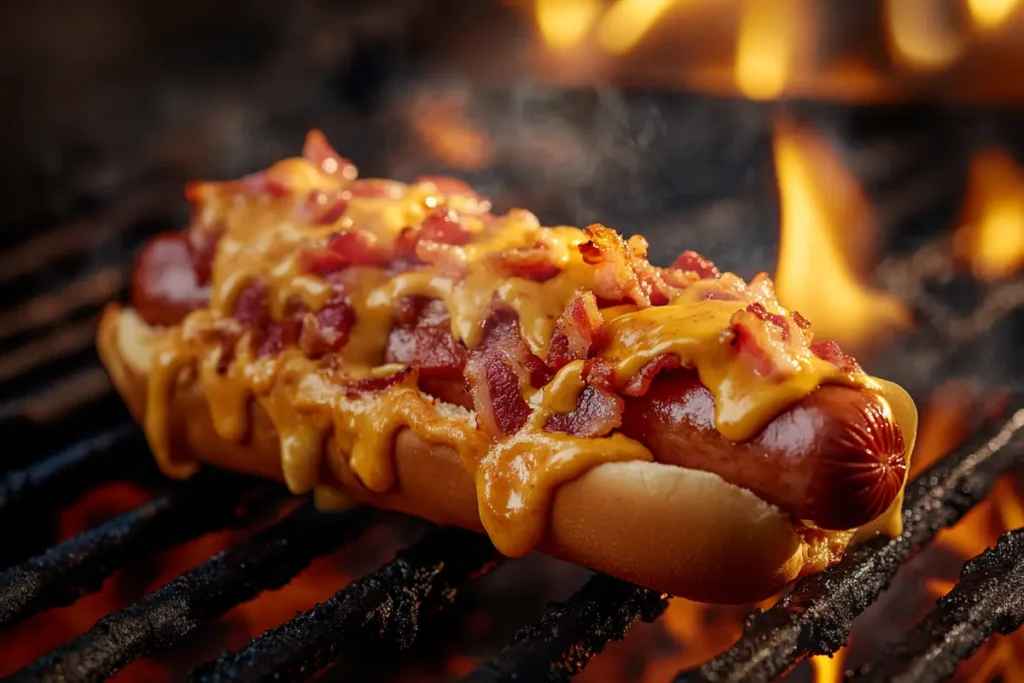 Grilling bacon-wrapped cheddar hot dog