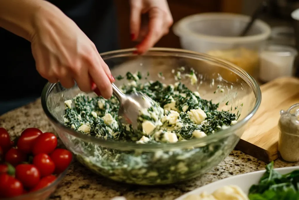 "Preparing spinach puff filling"
