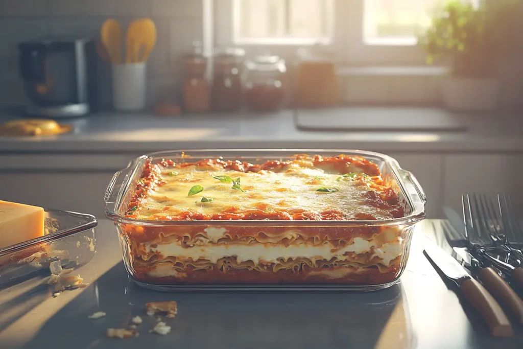 Layered lasagna ready to bake