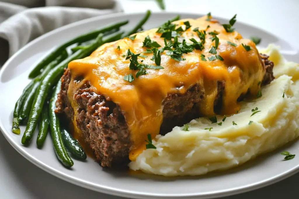 Slice of philly cheesesteak meatloaf with sides