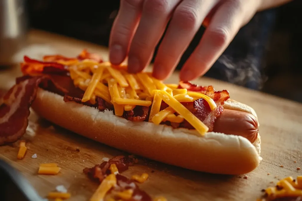 Preparing hot dog with bacon and cheese
