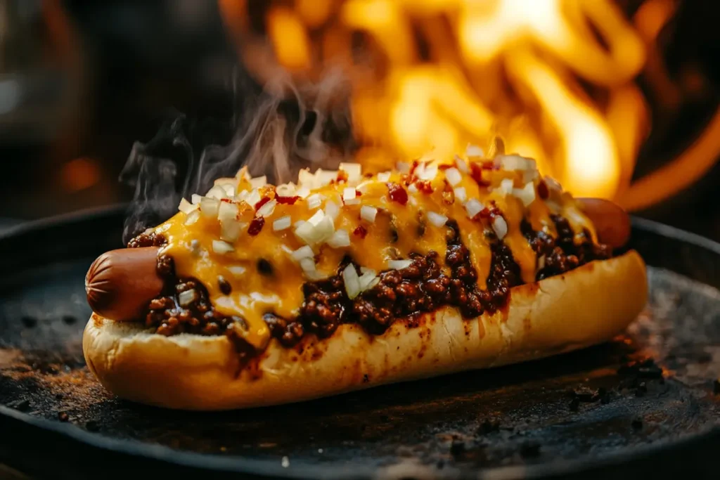 Cheddar chili cheese hot dog