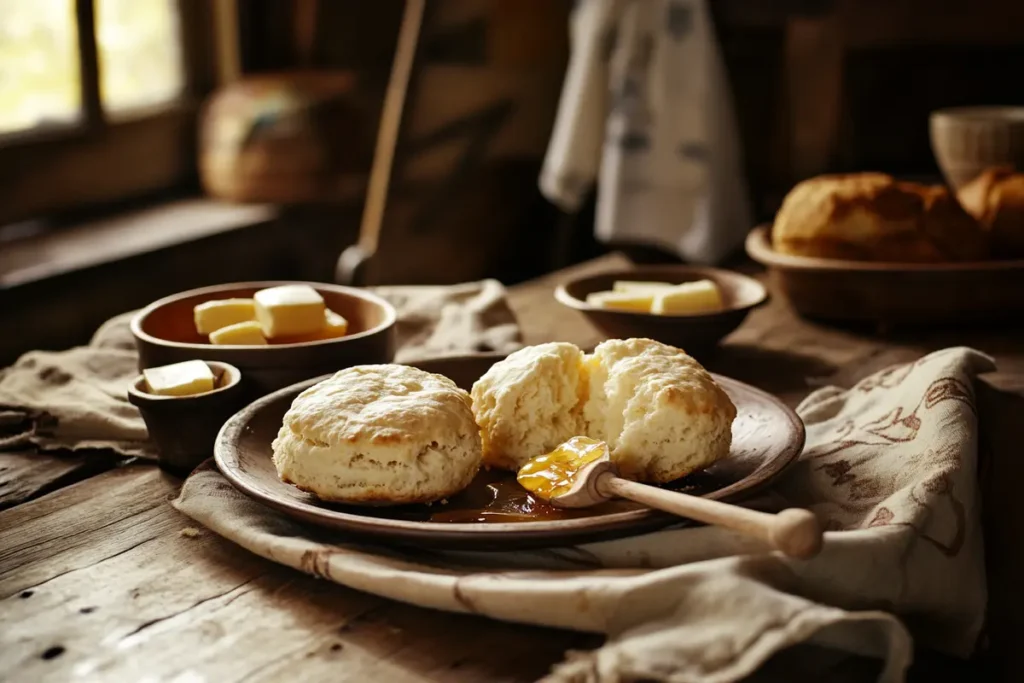 Served biscuits with butter and honey