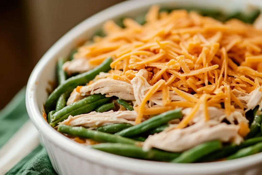 Assembling chicken and green bean casserole