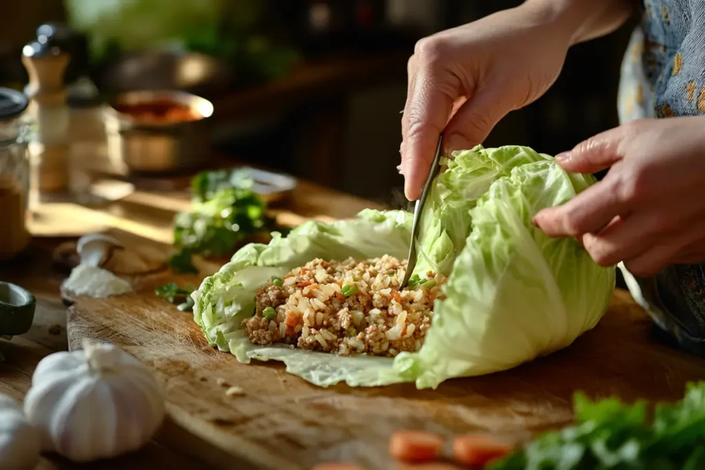 Rolling Polish stuffed cabbage rolls