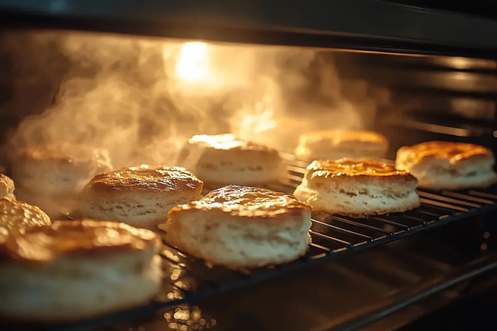 Fresh biscuits rising in oven