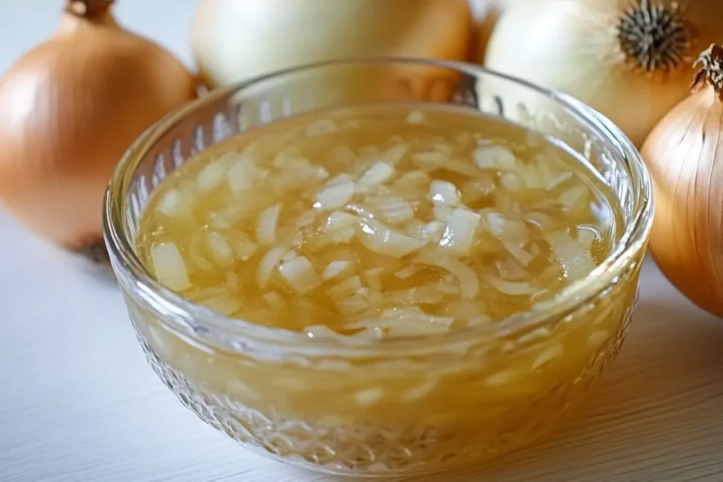 A glass bowl of homemade onion boil broth