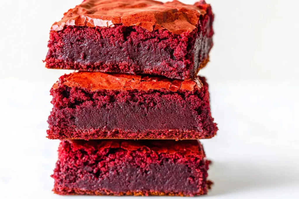 A close-up shot of a stack of red velvet brownies