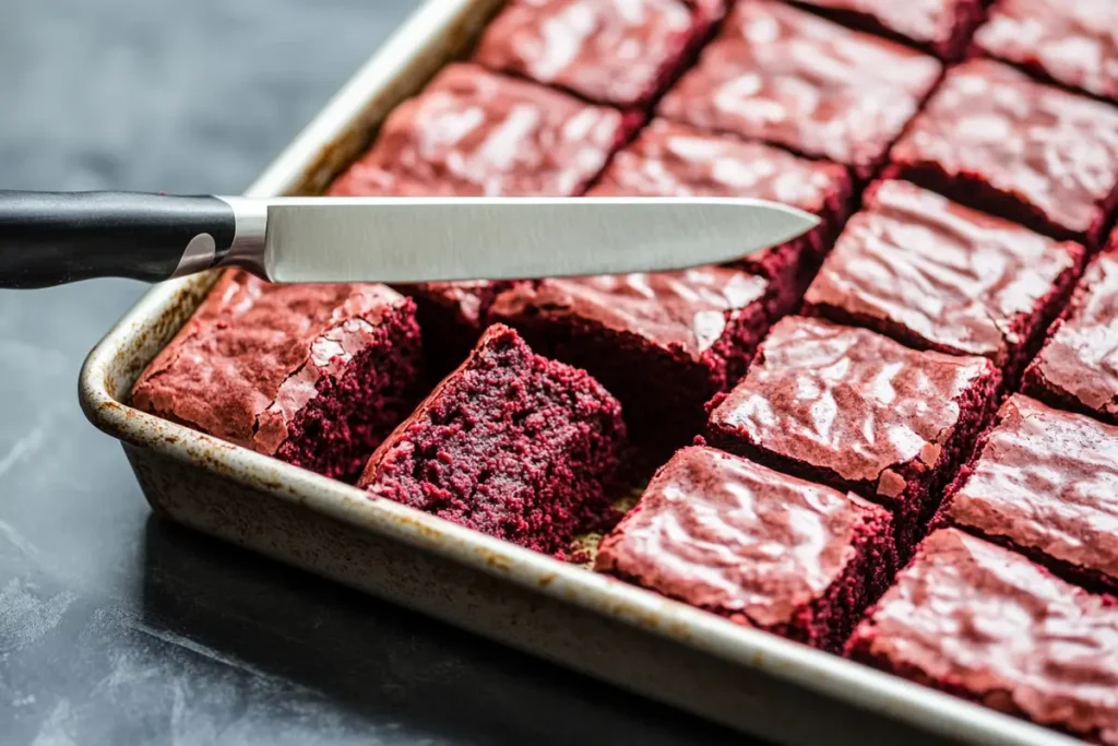 A close-up shot of someone cutting red velvet brownies in a baking pan