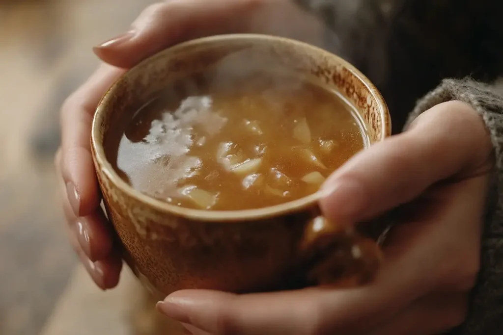 A person sipping warm onion broth