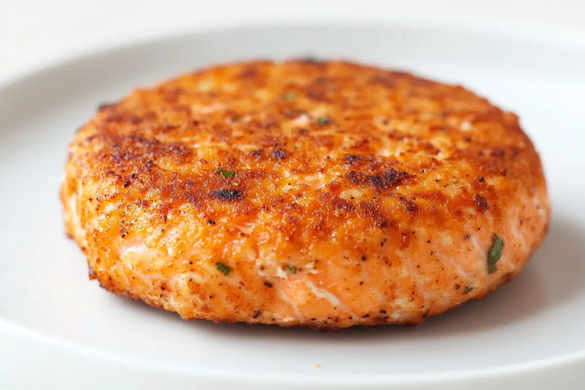 A perfectly formed salmon patty that is golden brown and stays together