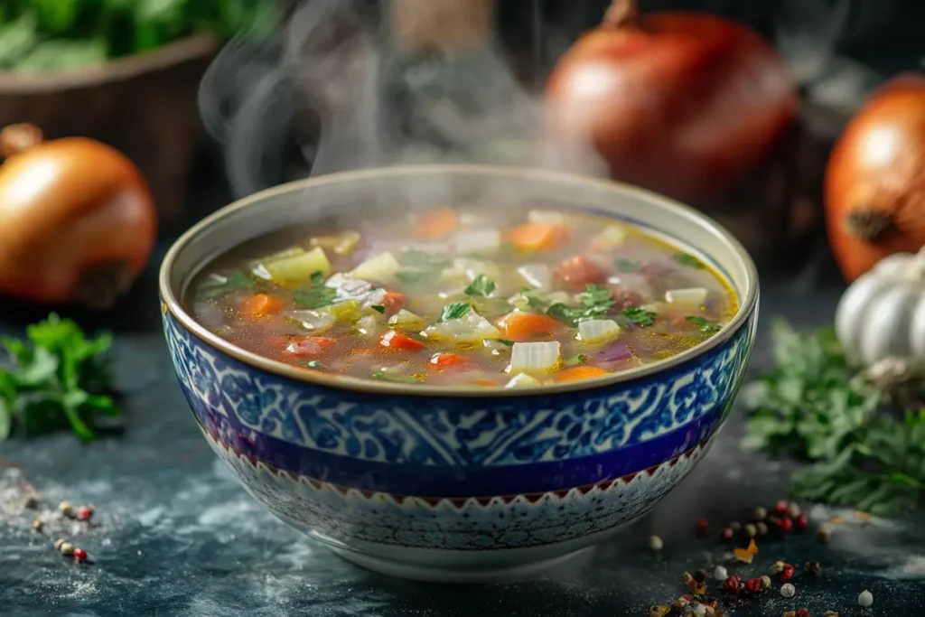 An onion boil being used as a soup base with vegetables