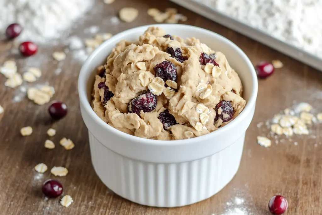 Close up of bowl with all the ingredients mixed for cranberry oatmeal cookies