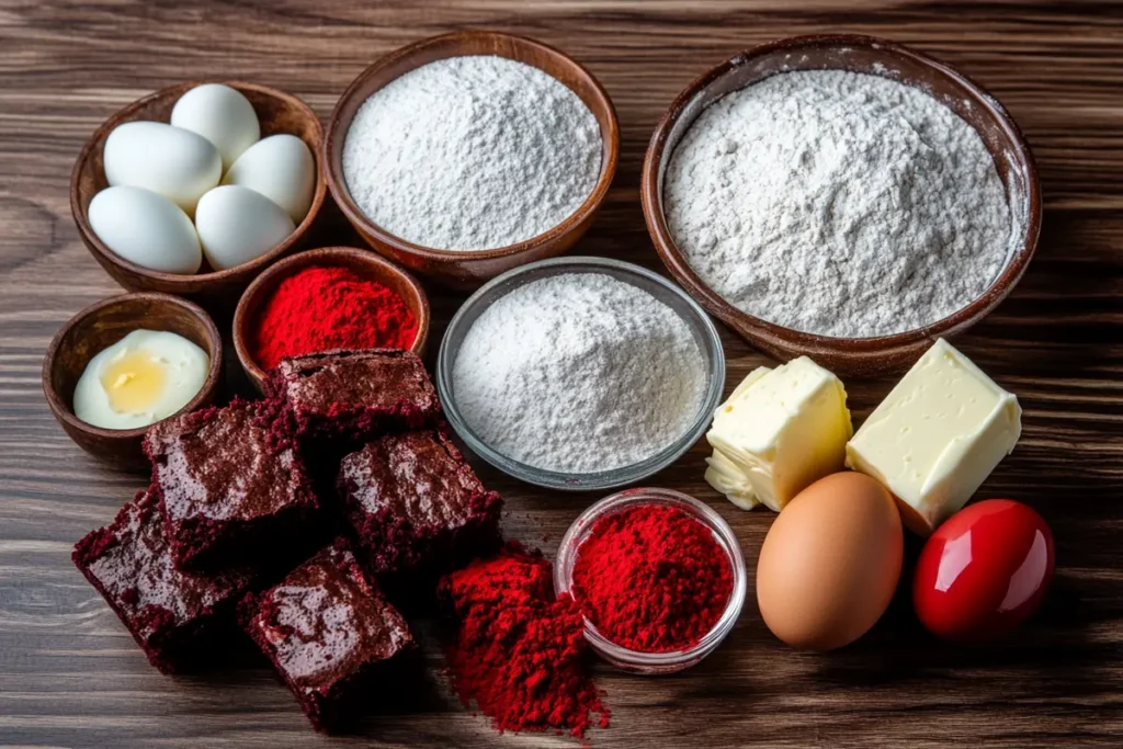 "Ingredients for baking red velvet brownies on a wooden surface