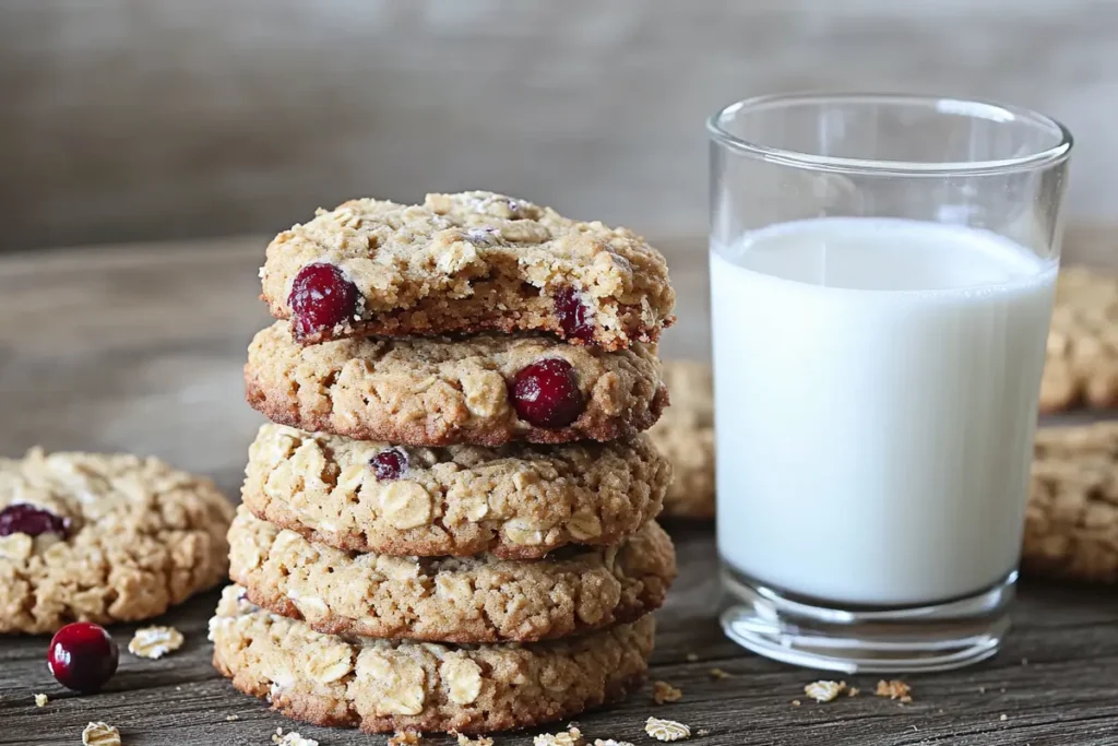 A stack of cranberry oatmeal cookies next to a glass of milk with a few crumbs.