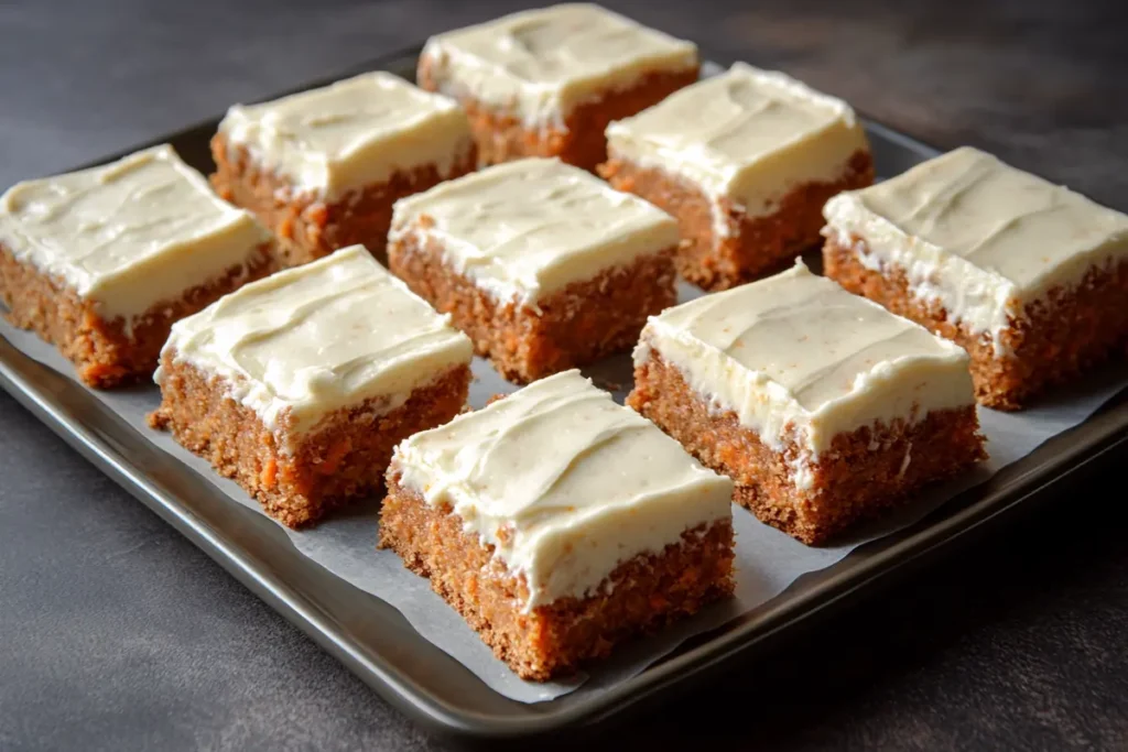 Delicious and Easy Carrot Cake Bars Recipe 4 Delicious and Easy Carrot Cake Bars Recipe Finished carrot cake bars with cream cheese frosting cut into squares
