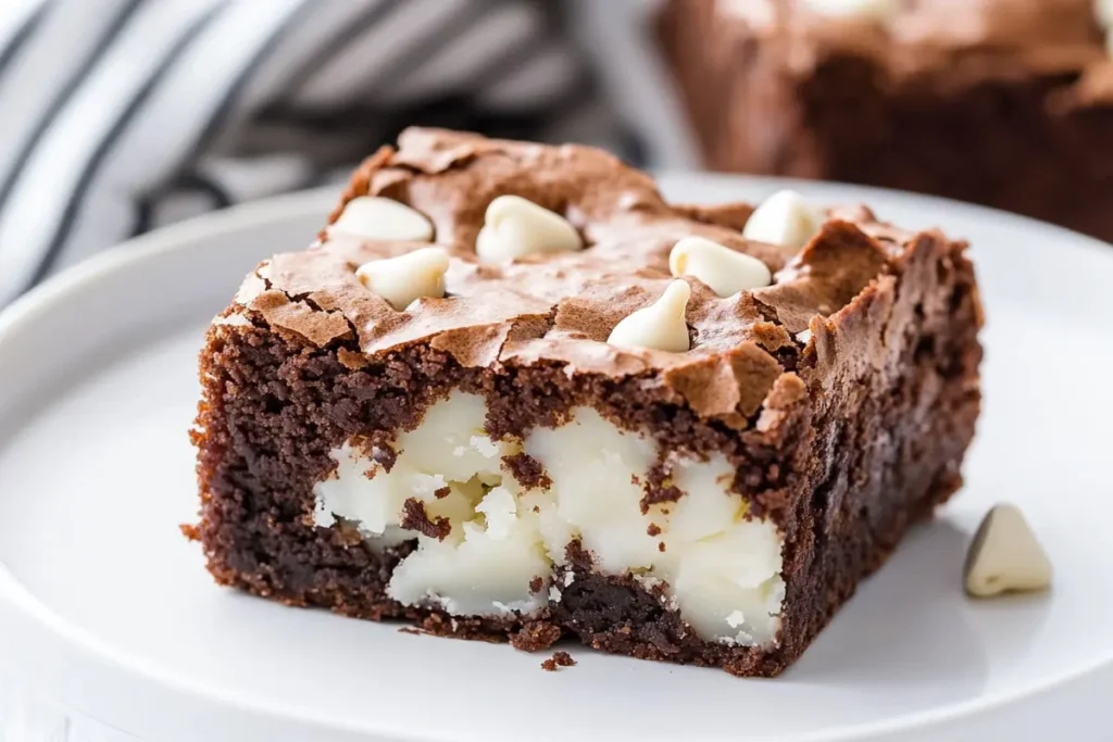 A slice of white chocolate brownie showing its texture.