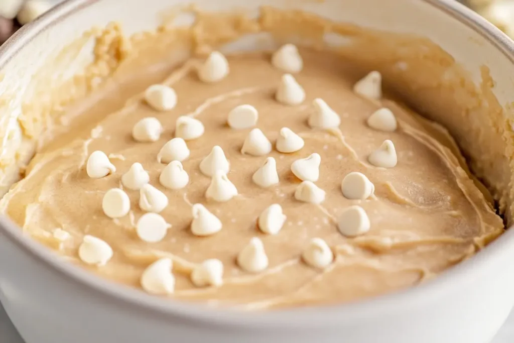 "White chocolate brownie batter with white chocolate chips