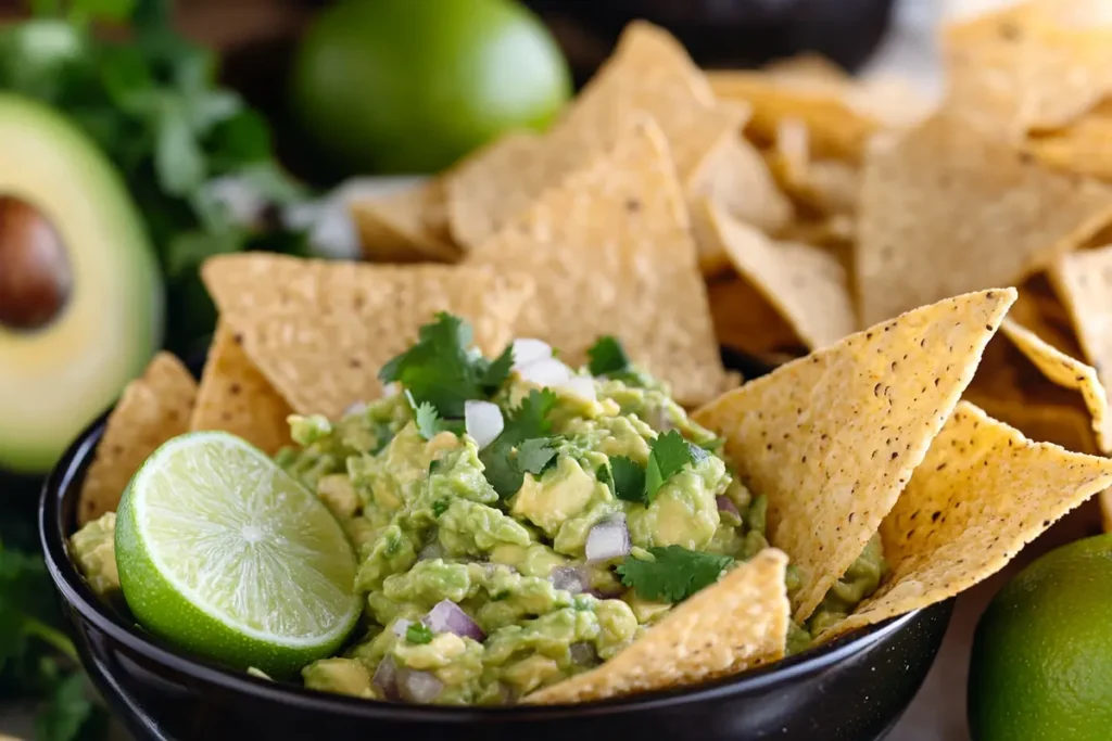 Close up view of freshly made guacamole served with tortilla chips, a classic and easy Super Bowl snack.