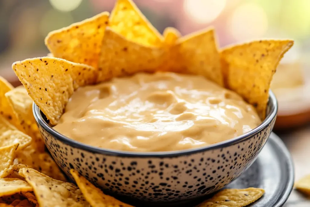 Close up shot of a cheesy queso dip with tortilla chips, one of the must-have best Super Bowl snacks.