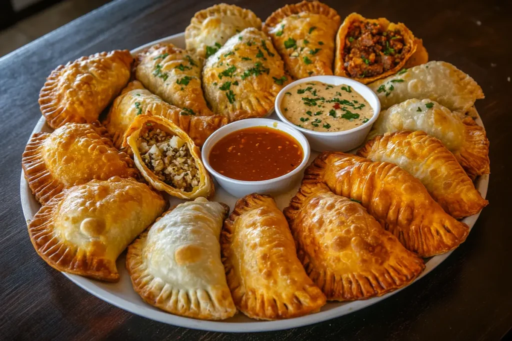 A vibrant platter of various empanadas, with different savory fillings and dipping sauces.