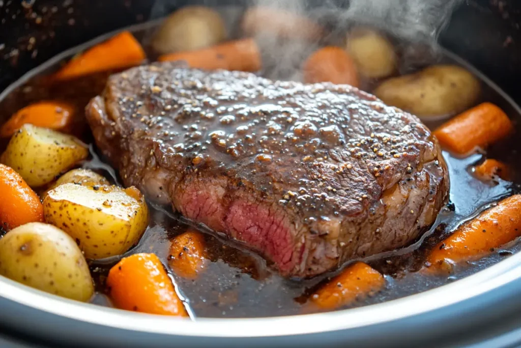 Juicy Sirloin Steak in Crock Pot Ready to Serve