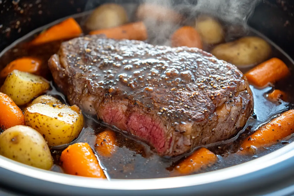 Juicy Sirloin Steak in Crock Pot Ready to Serve