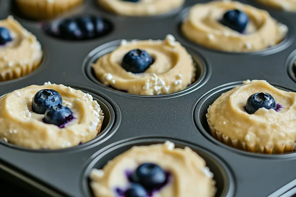 Baking cottage cheese blueberry muffins in a muffin tin