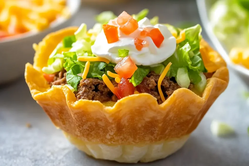 Close up image of a single taco cupcake garnished."

