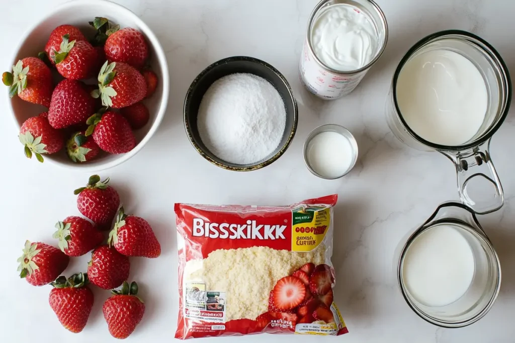 Bisquick strawberry shortcake ingredients: strawberries, Bisquick, milk, sugar, cream