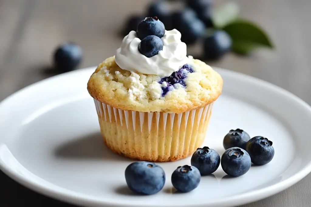  A cottage cheese blueberry muffin served with whipped cream and fresh blueberries.