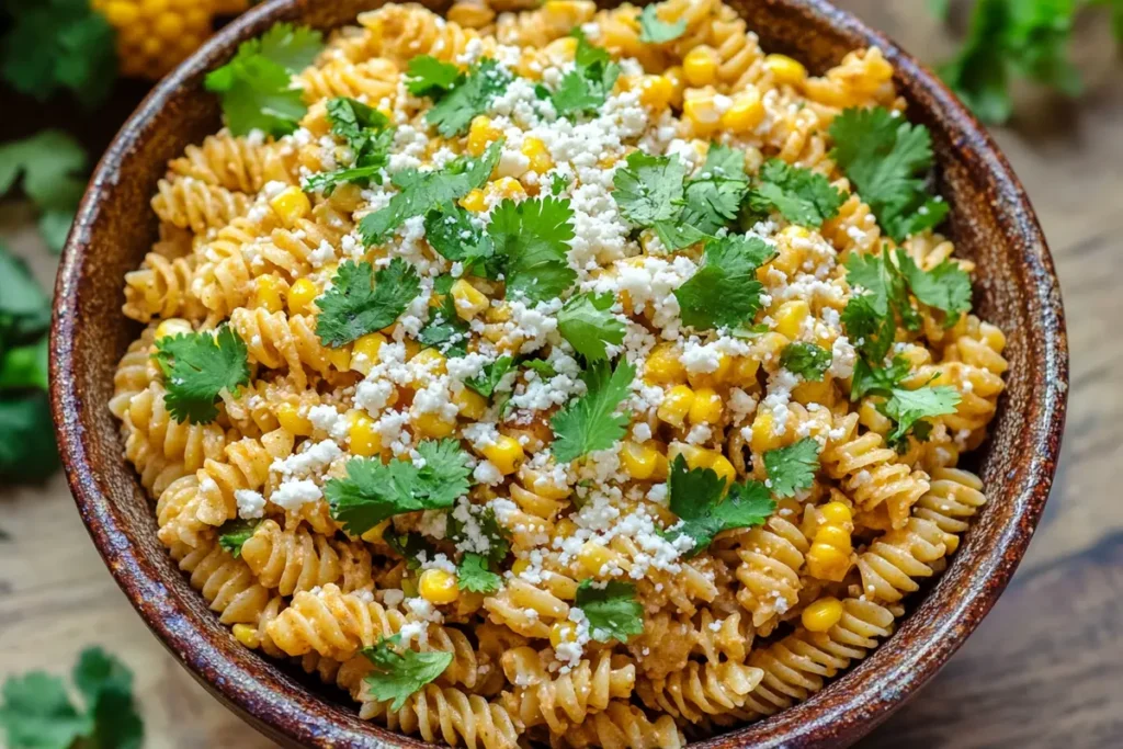 Delicious street corn pasta salad in a bowl, garnished with cilantro and cotija cheese