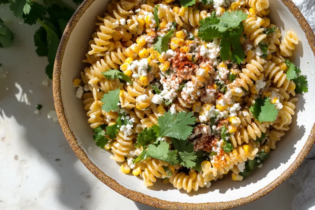 Vibrant and flavorful street corn pasta salad in a serving bowl, garnished with fresh cilantro and crumbled cotija cheese."