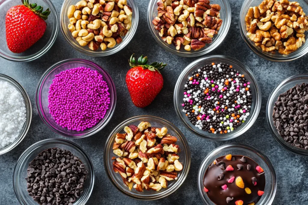 Variety of toppings for frozen chocolate covered strawberries, including sprinkles, nuts, and sea salt.