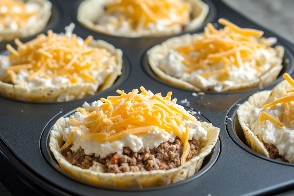 Step-by-step view of taco cupcakes assembly
