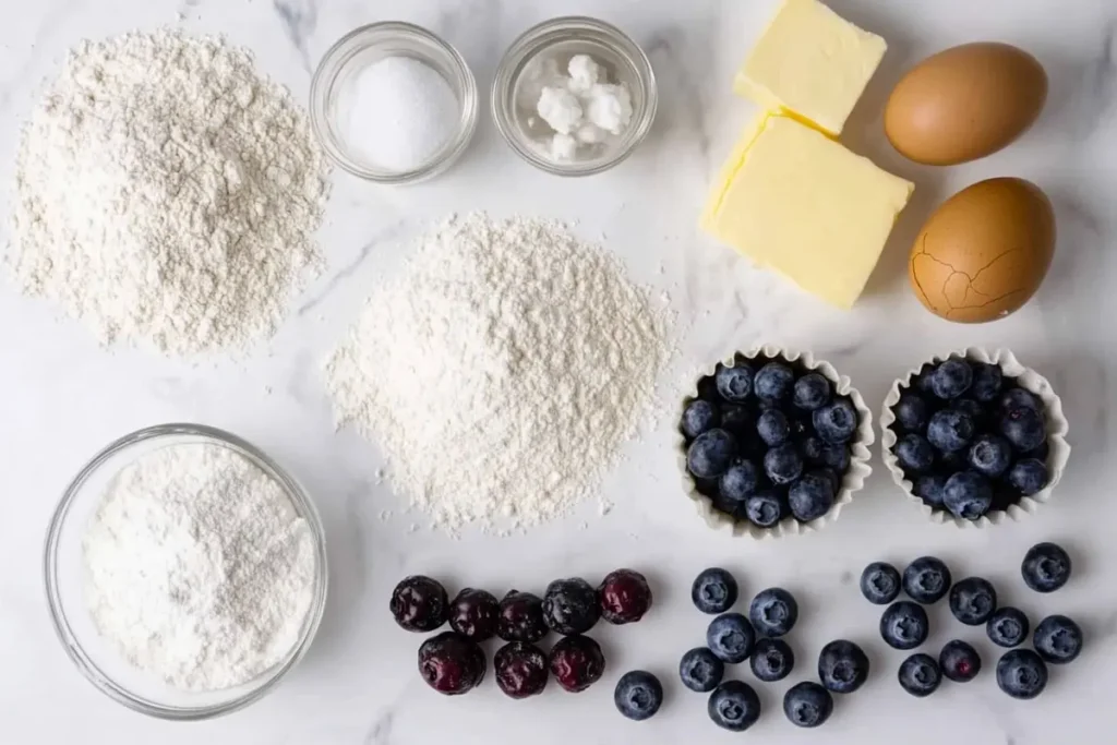  Ingredients for making cottage cheese blueberry muffins, including flour, blueberries, and cottage cheese.