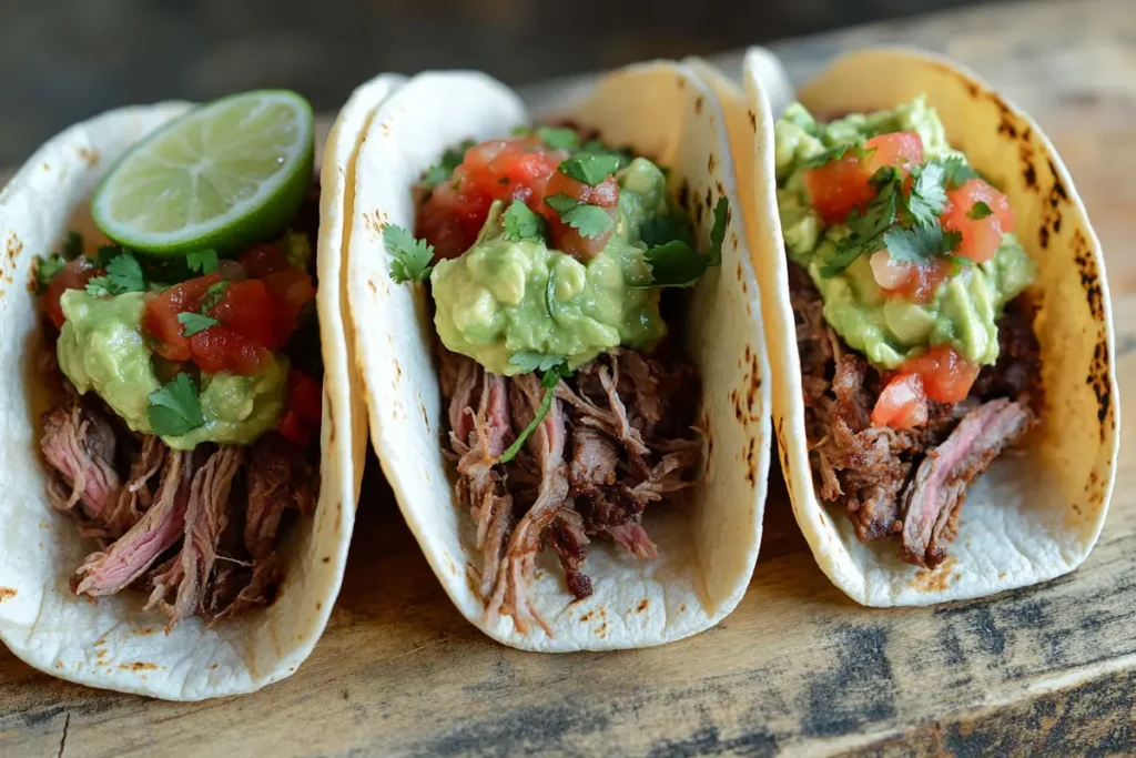 Crock Pot Sirloin Steak Tacos with Salsa and Guacamole