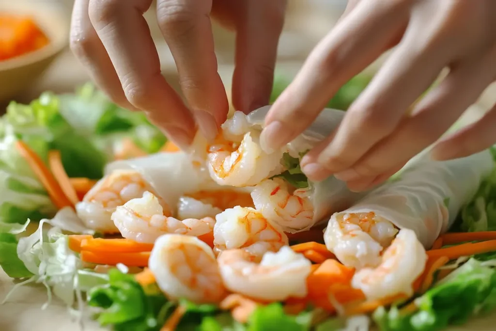 Adding cooked shrimp to a *spring roll