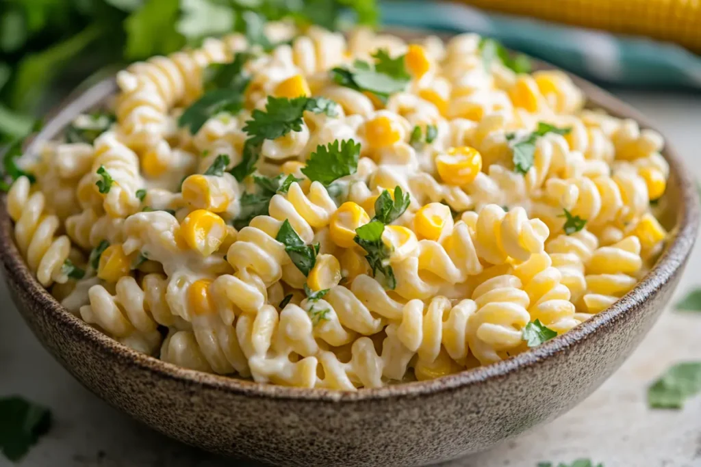 Delicious *street corn pasta salad* in a bowl
