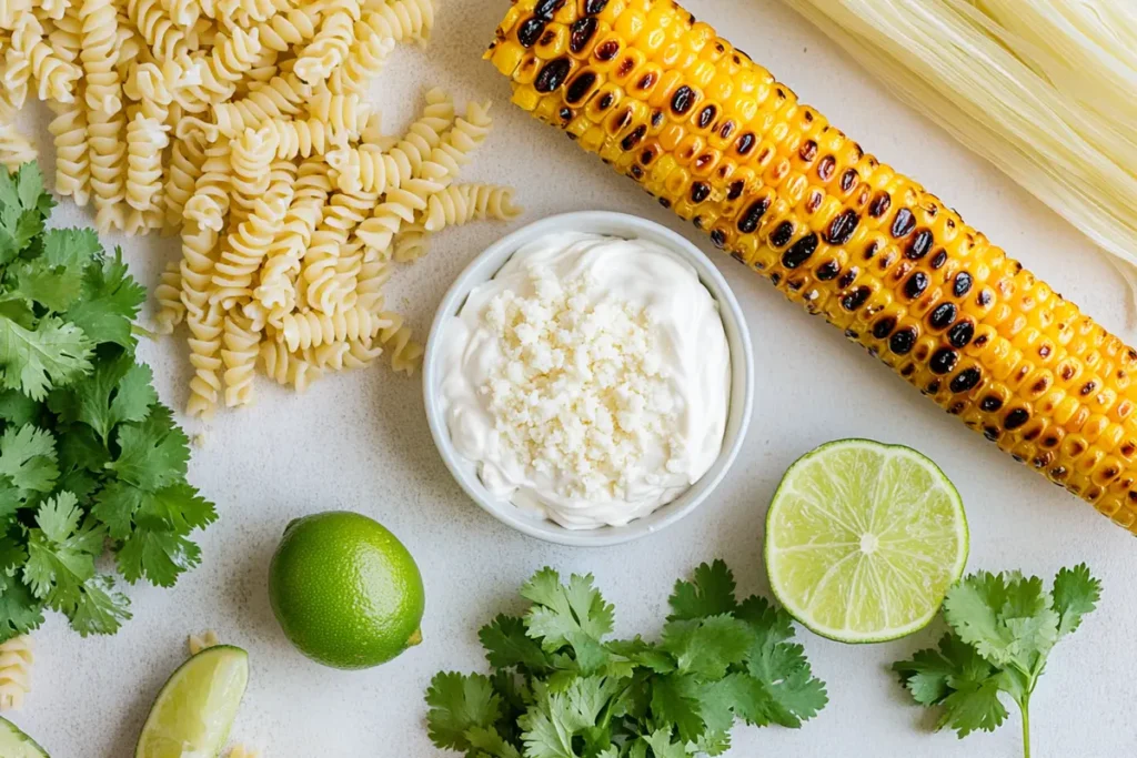 Close-up of colorful and creamy *street corn pasta salad
