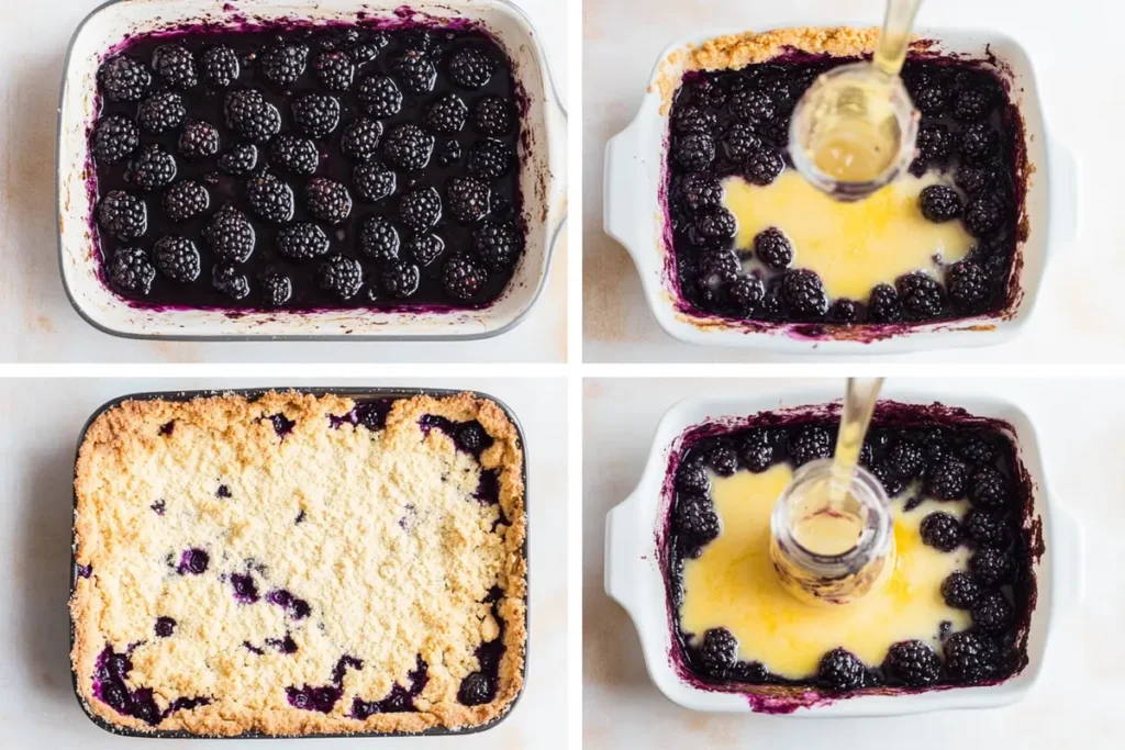 4-step instructions for blackberry cobbler with cake mix recipe.