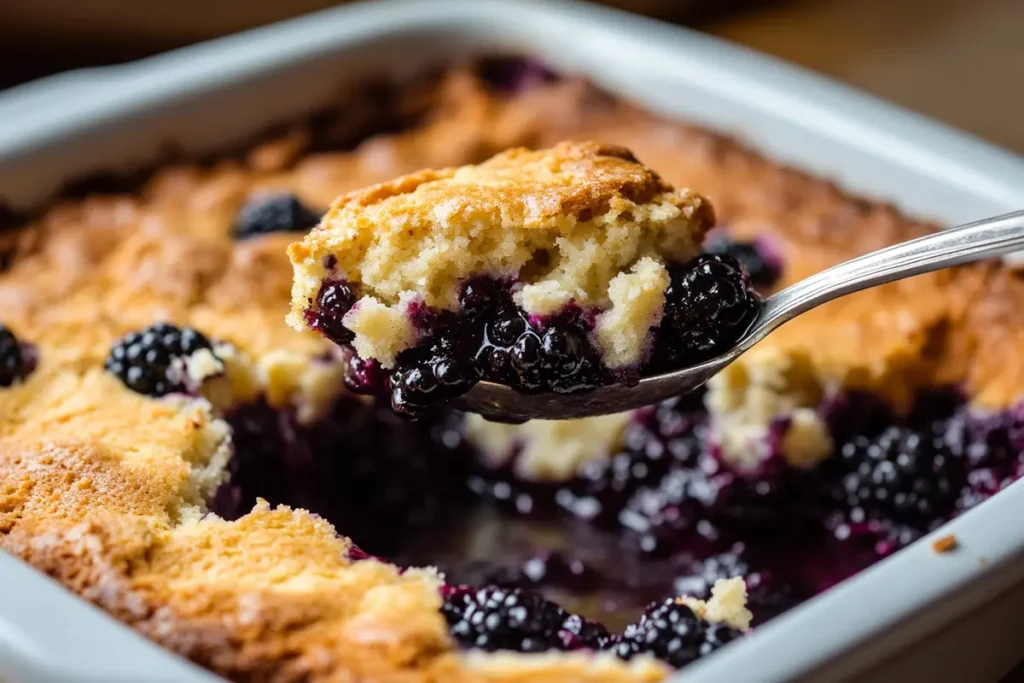 Spoonful of blackberry cobbler with cake mix texture.